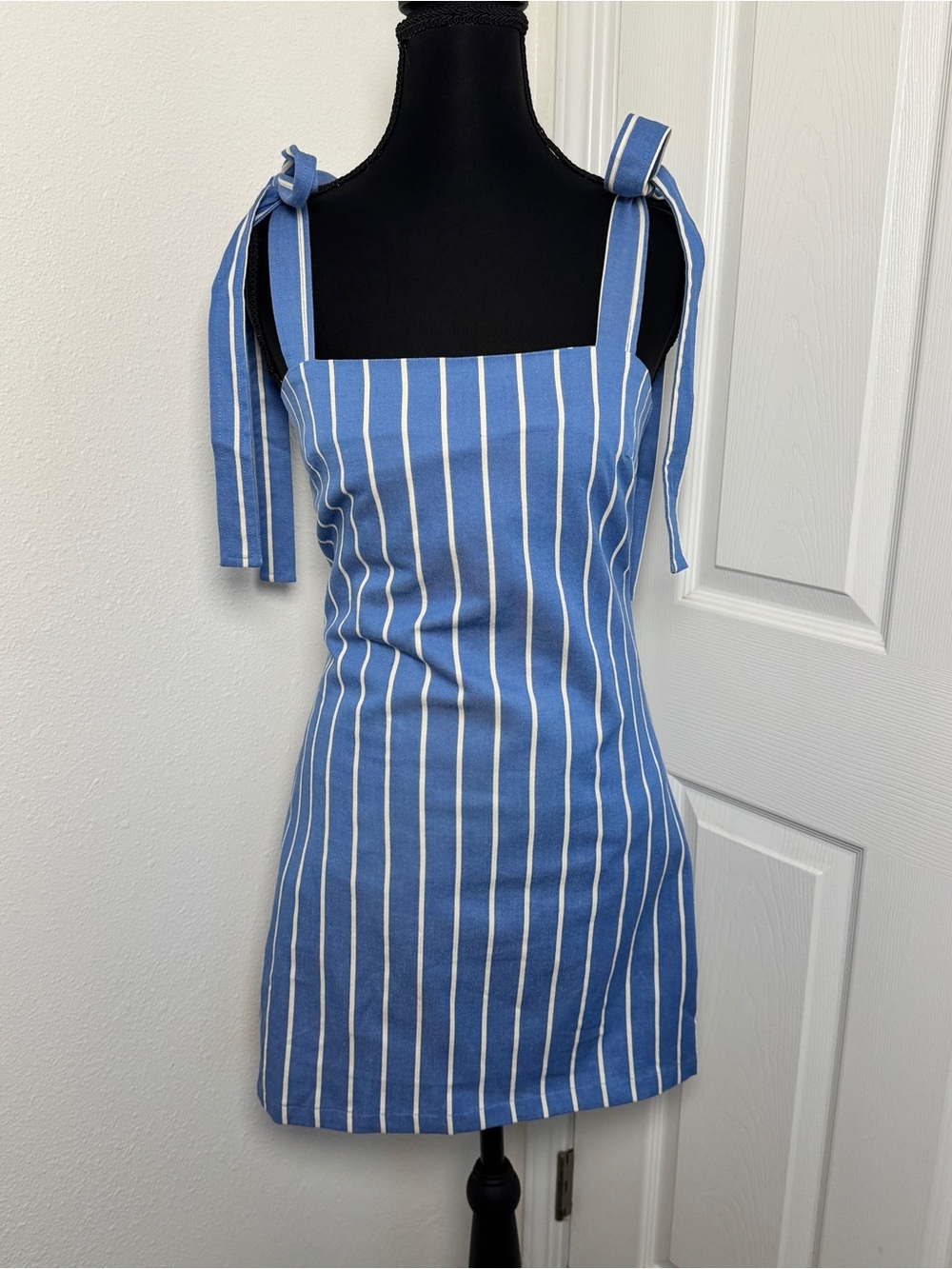 Anthropologie English Factory Blue White Stripe Tie Strap Denim Mini Dress XS - Picture 2 of 6